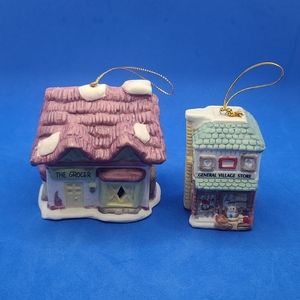 Vintage "The Grocer" & "General Village Store" Christmas Tree Ornaments